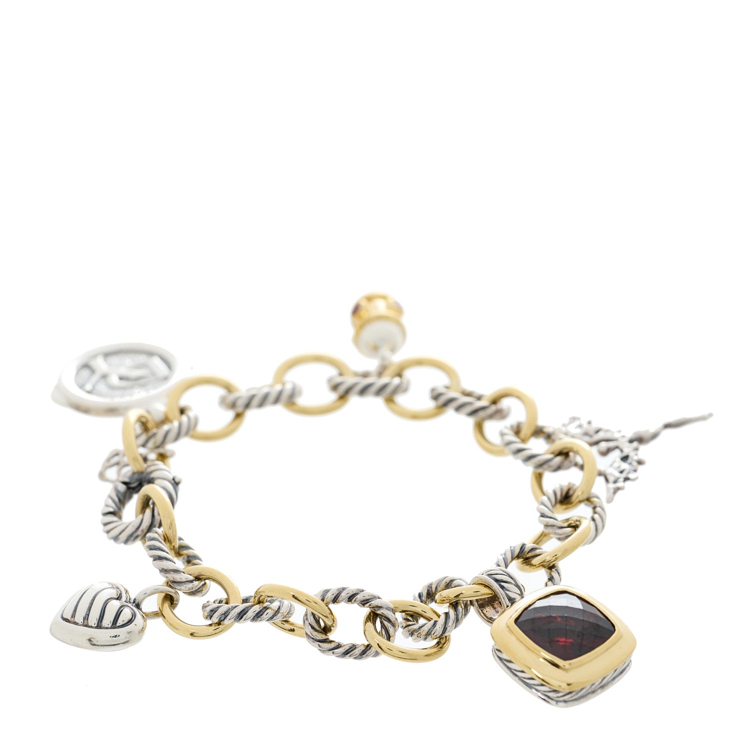 David Yurman Sterling Silver 18K Yellow Gold Garnet Carnelian 25th Anniversary Charm Bracelet 3 of 6