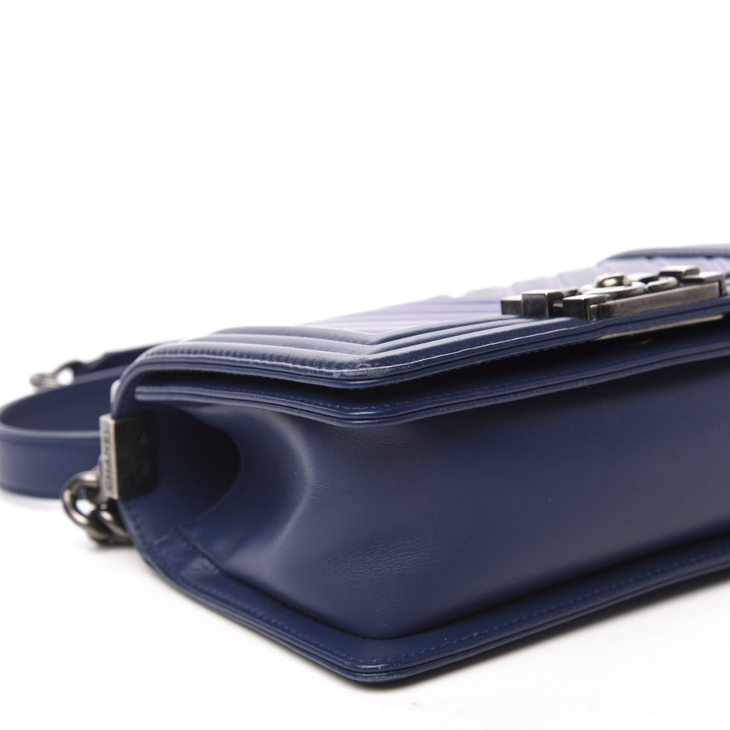 Calfskin Painted Chevron Embossed Small Boy Flap Dark Blue