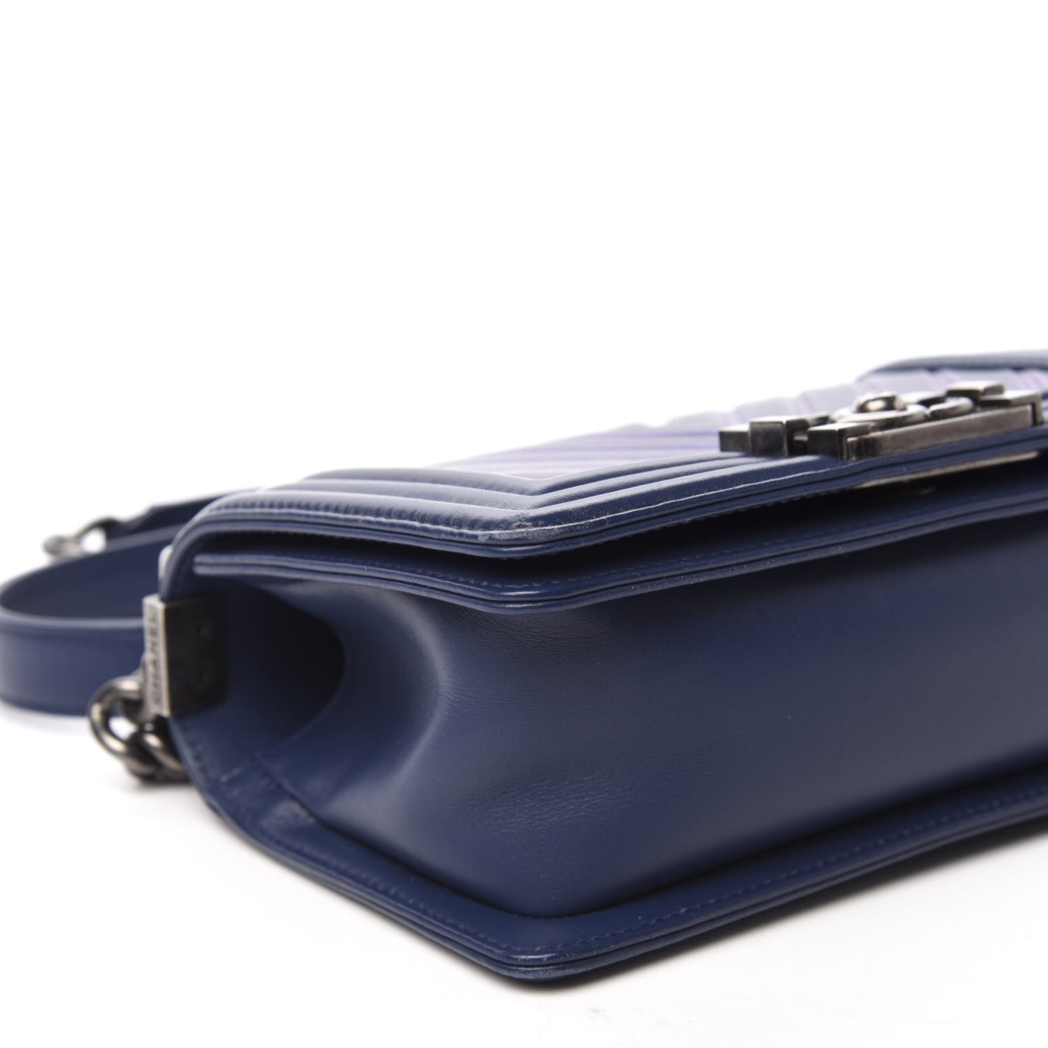 Chanel Calfskin Painted Chevron Embossed Small Boy Flap Dark Blue 6 of 10