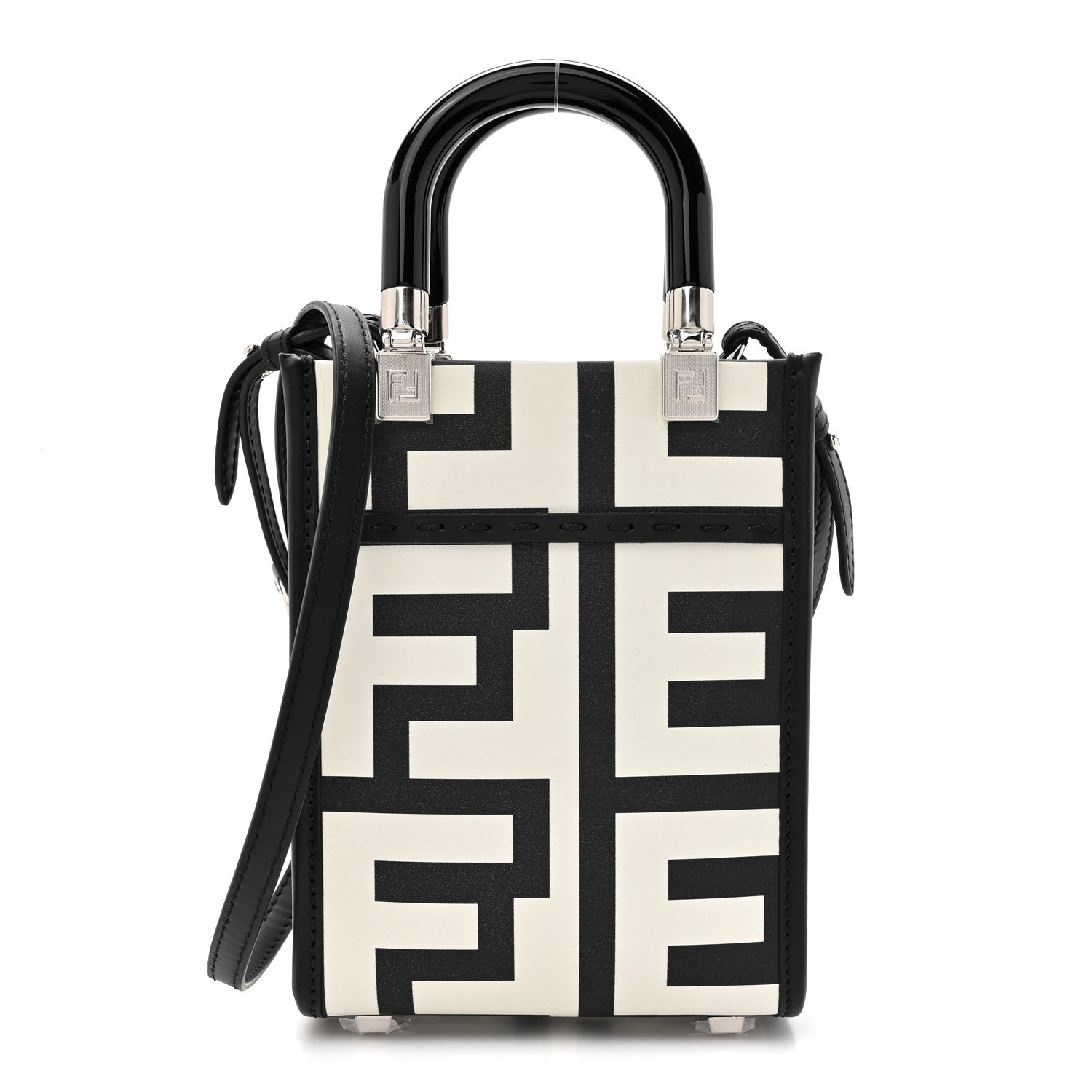 Fendi X MARC JACOBS Vitello King Plexiglass Logo Print Mini Fendi Sunshine Shopper Tote Black White 1 of 9