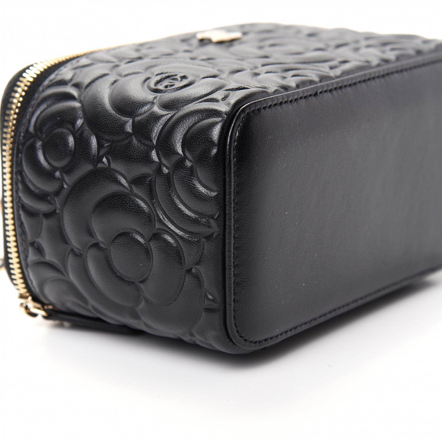 Chanel Goatskin Camellia Embossed Quilted Small Vanity Case With Chain Black 6 of 10