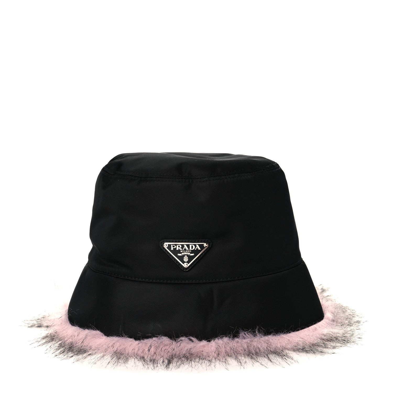 Prada Re-Nylon Faux Fur Metal Triangle Logo Womens Bucket Hat M Black Alabastro 1 of 8