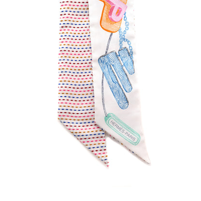 Hermes Silk Chevaloscope Neon Twilly White Bleu Rouge 3 of 5