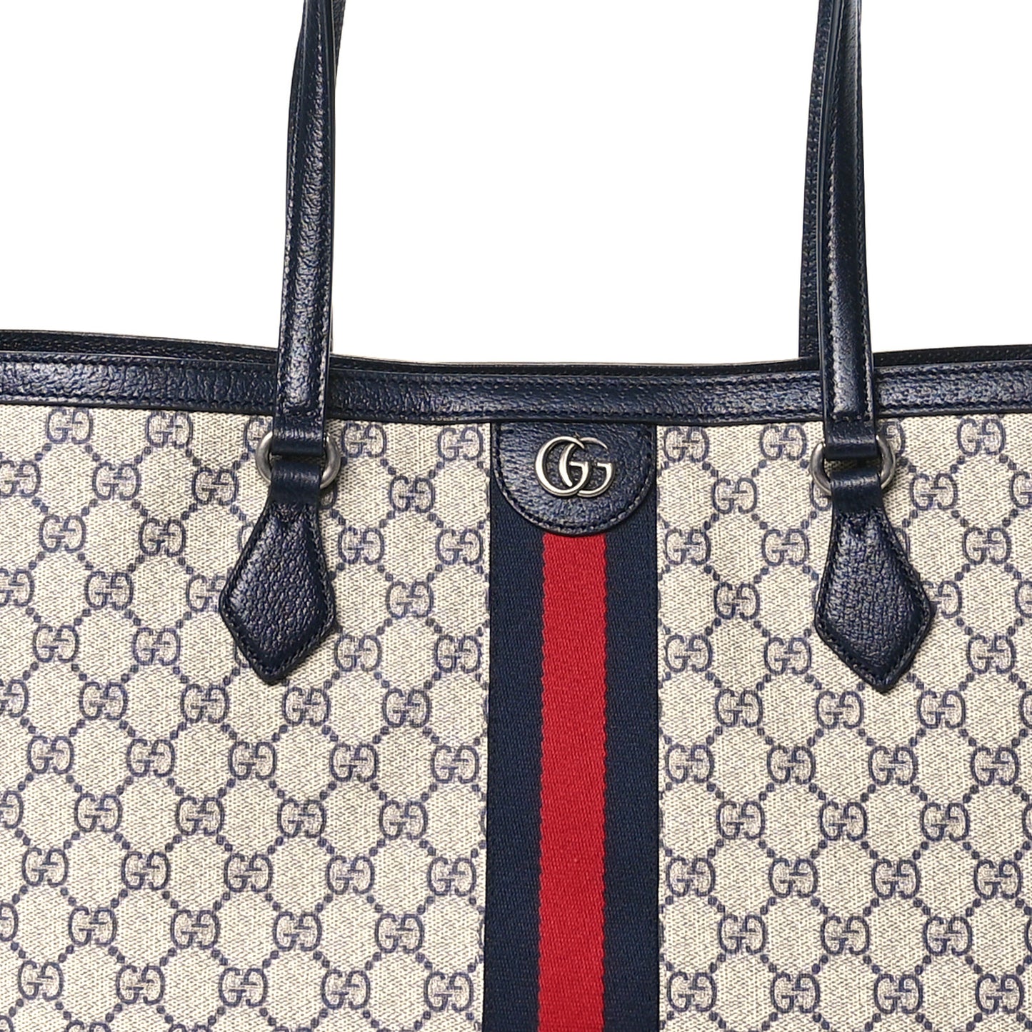 GG Supreme Monogram Textured Calfskin Web Medium Ophidia Shopping Tote Beige Blue
