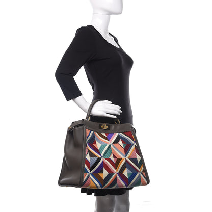 Fendi Calfskin Geometric Embroidered Large Peekaboo Iconic Satchel Grey 2 of 11