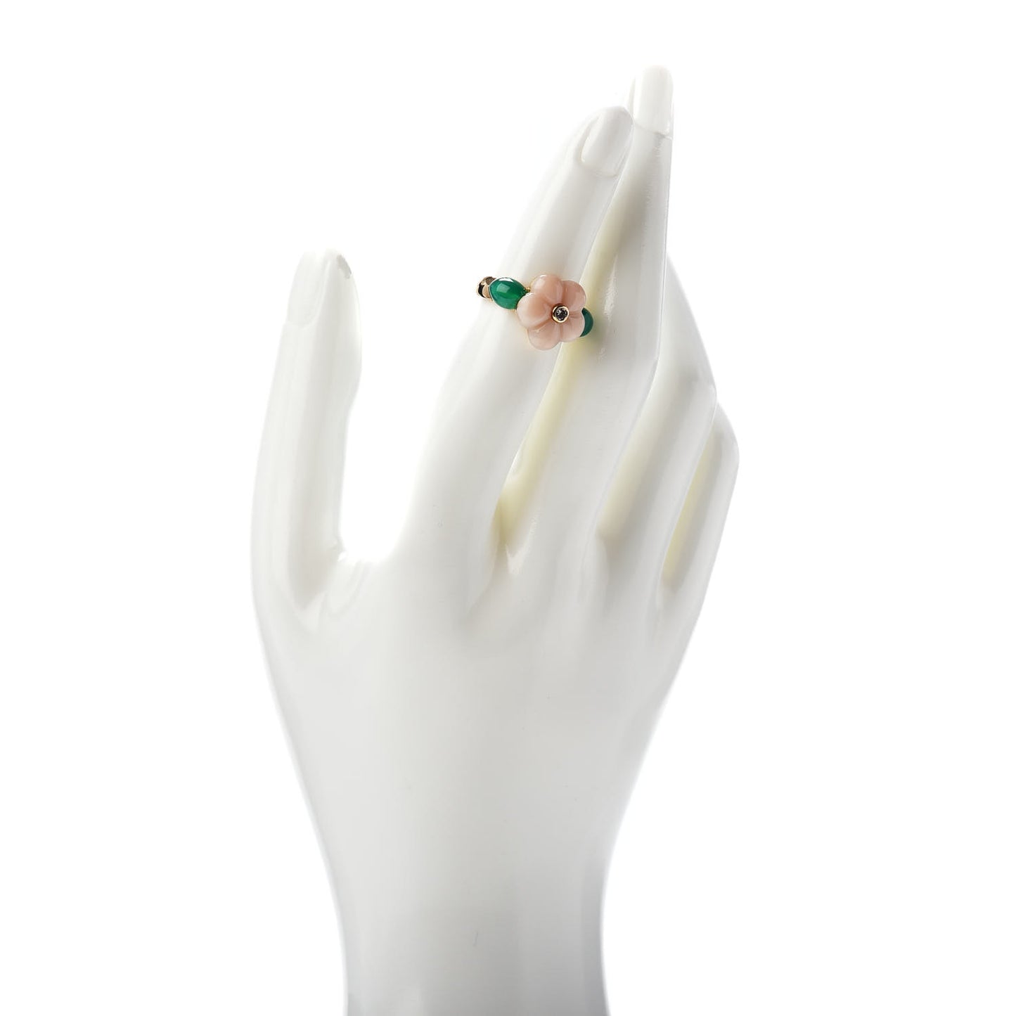 18K Yellow Gold Diamond Coral Green Chalcedony Flower Ring 48 4.5