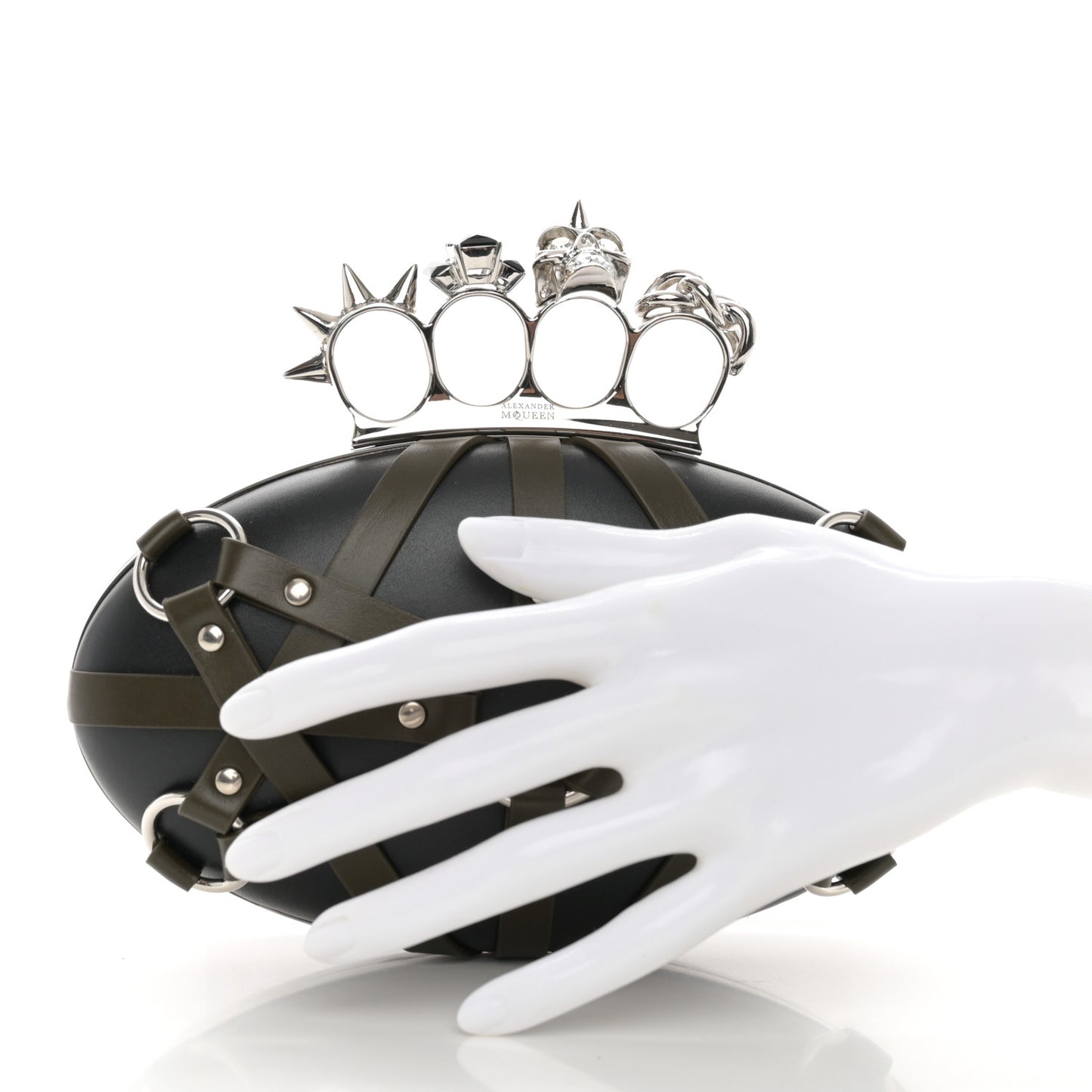 Nappa Harness Skull Knuckle Oval Box Clutch Black