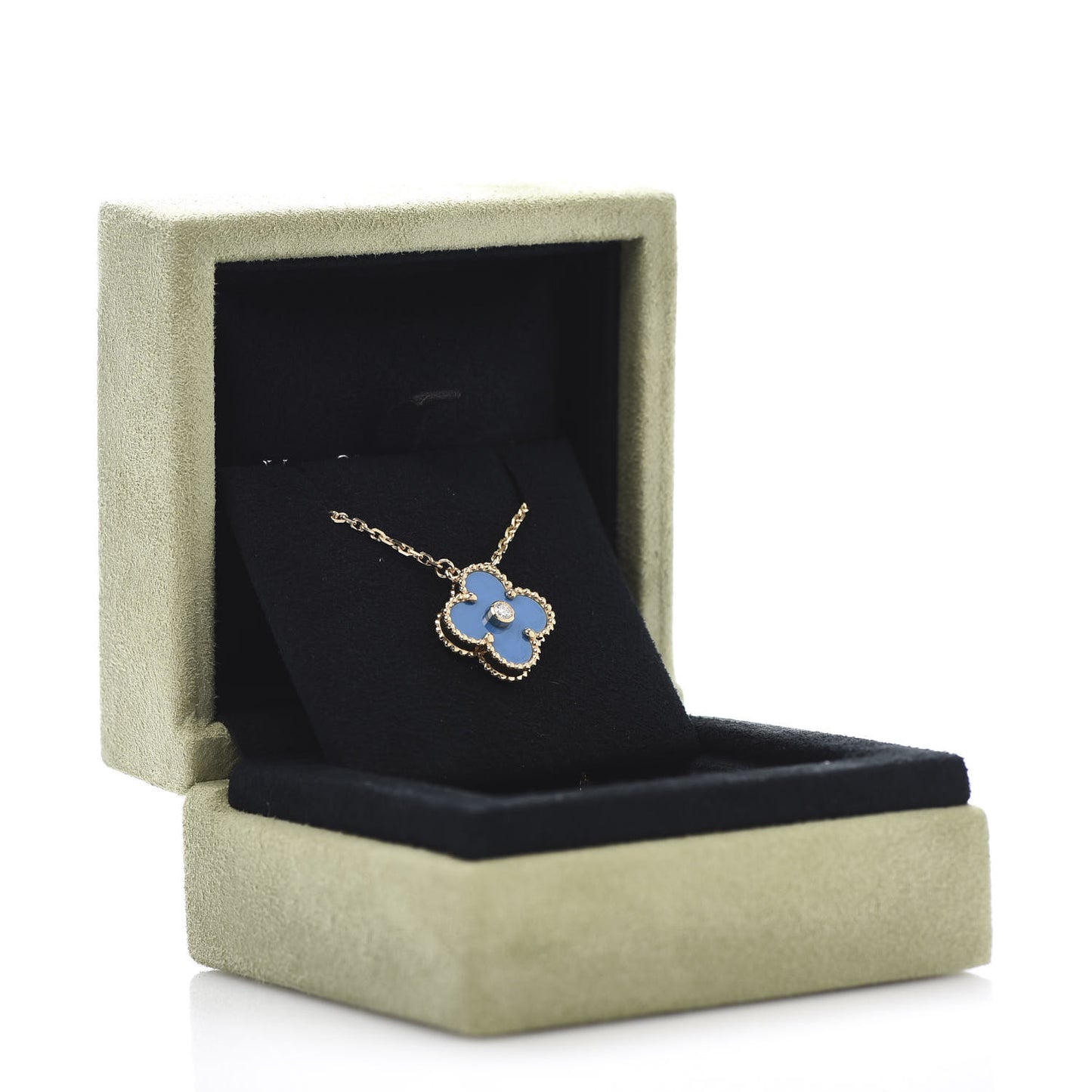 18K Yellow Gold Diamond Celestial Blue Sevres Porcelain Vintage Alhambra Pendant Necklace
