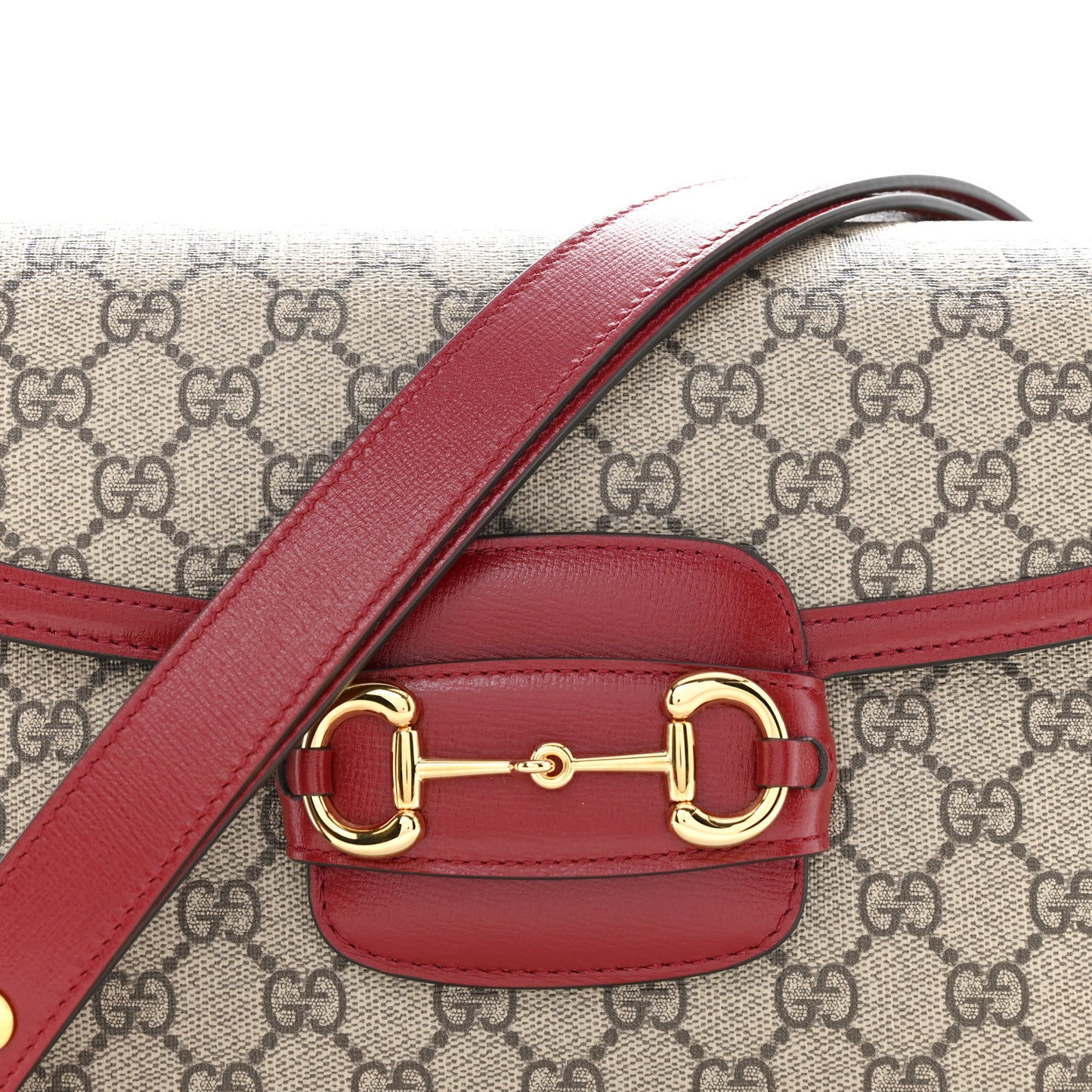 GG Supreme Monogram Azalea Calfskin Horsebit 1955 Shoulder Bag Beige Ebony New Cherry Red
