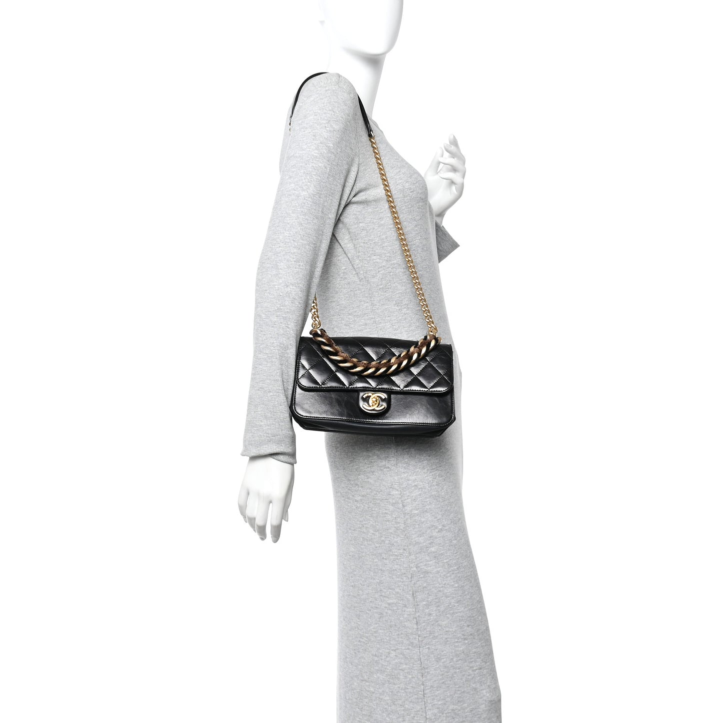 Iridescent Calfskin Quilted Small Straight Lined Flap Black