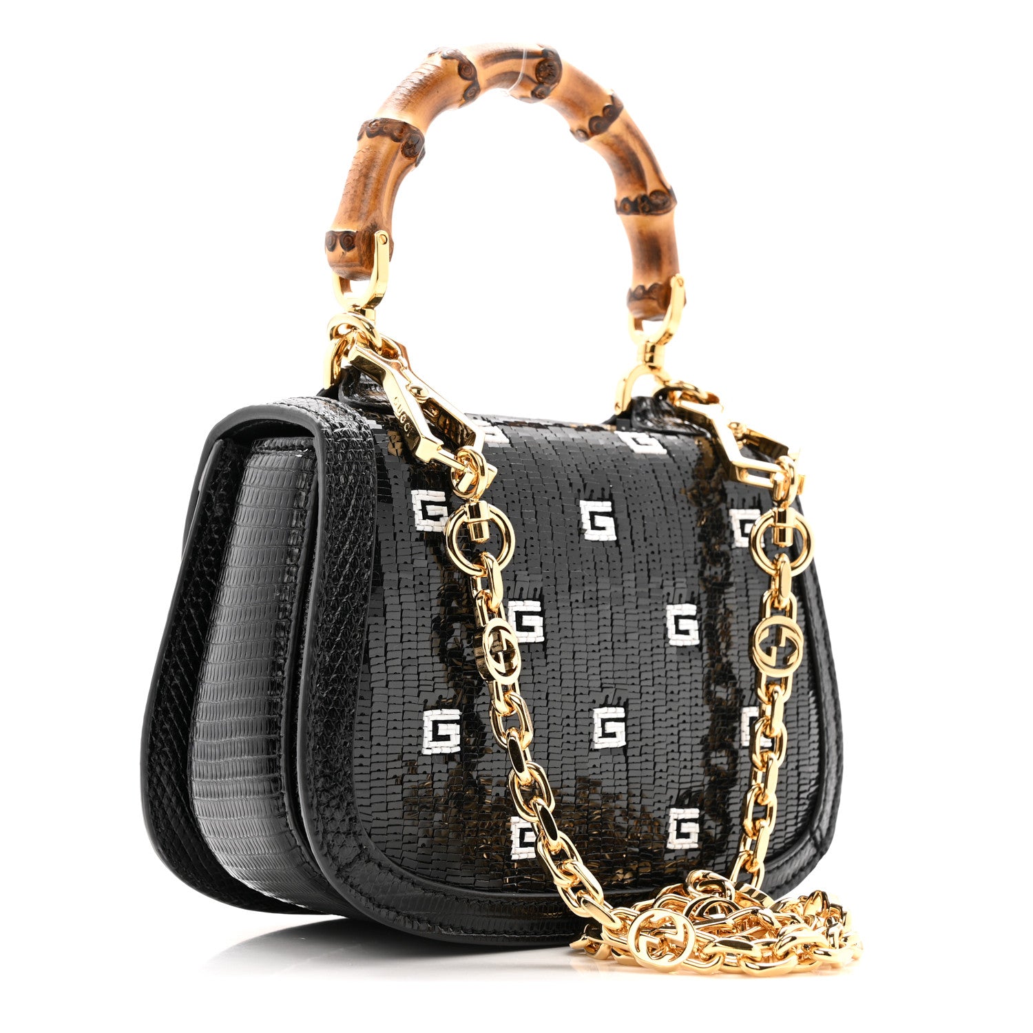Gucci Sequin Lizard Embossed GG Mini Bamboo 1947 Top Handle Chain Bag Black White 3 of 12