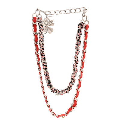 Chanel Metal Tweed Suede Chain CC Clover Necklace Silver Pink 3 of 6