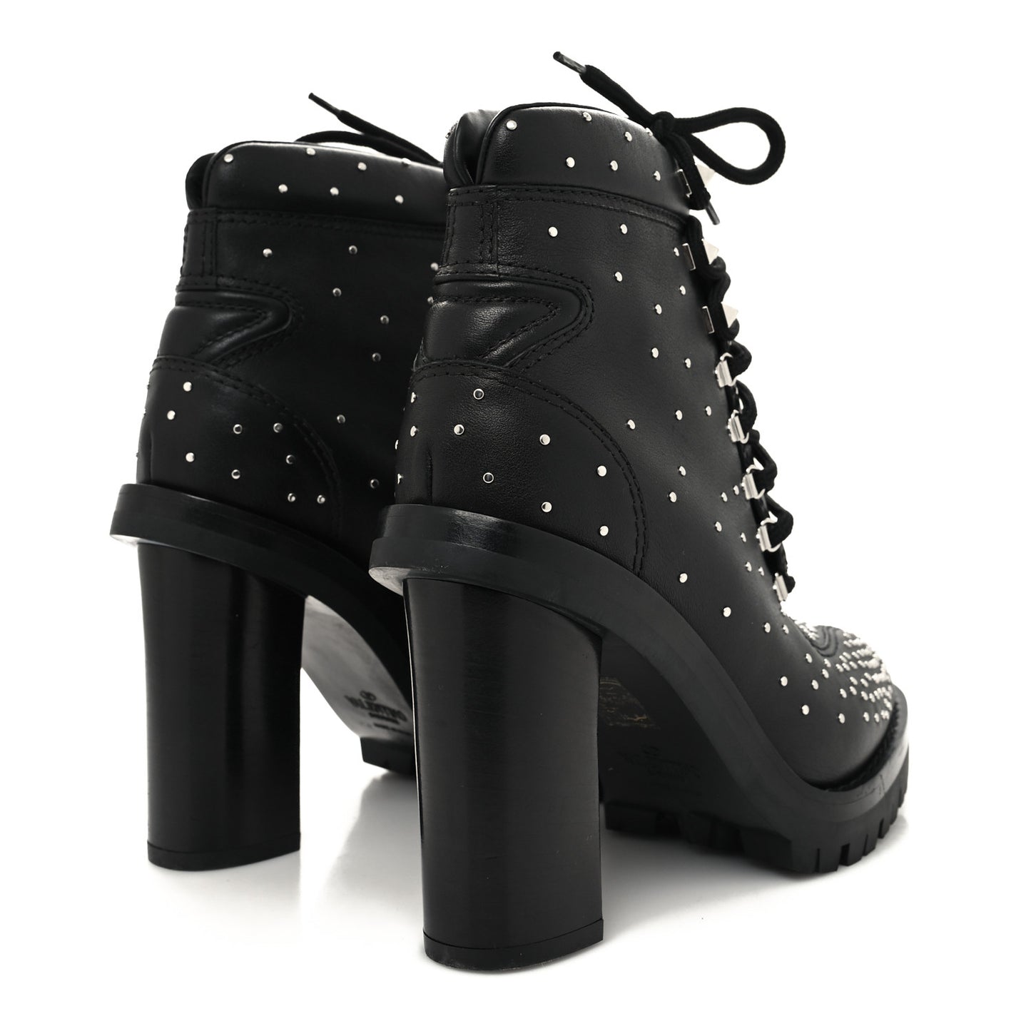 Calfskin Studded Lace-Up Ankle Boots 38.5 Black