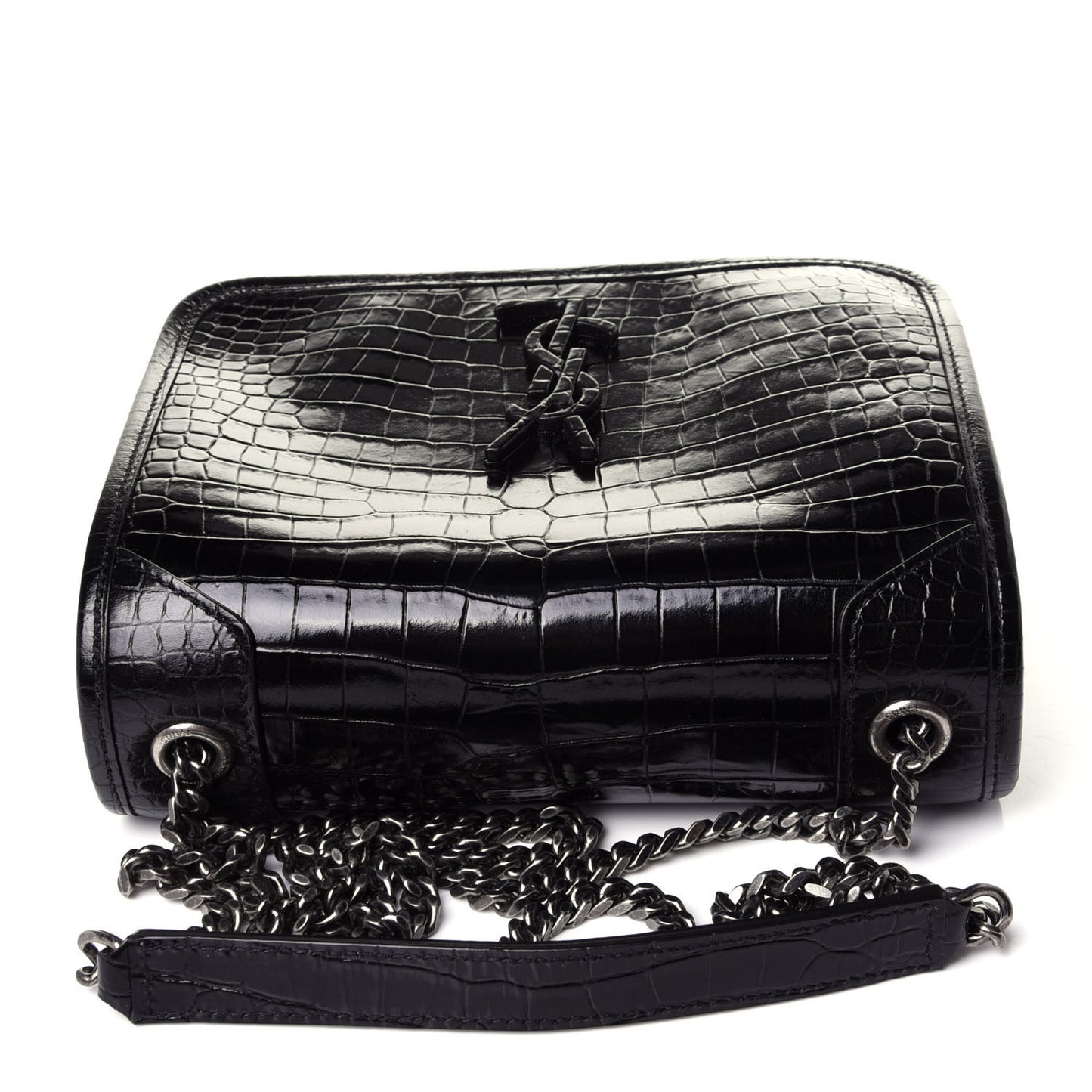 Crocodile Embossed Lambskin Matelasse Monogram Niki Chain Wallet Black