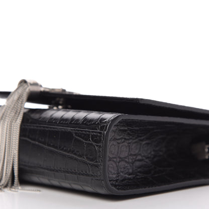 Saint Laurent Calfskin Crocodile Embossed Small Classic Monogram Kate Tassel Satchel Black 7 of 9