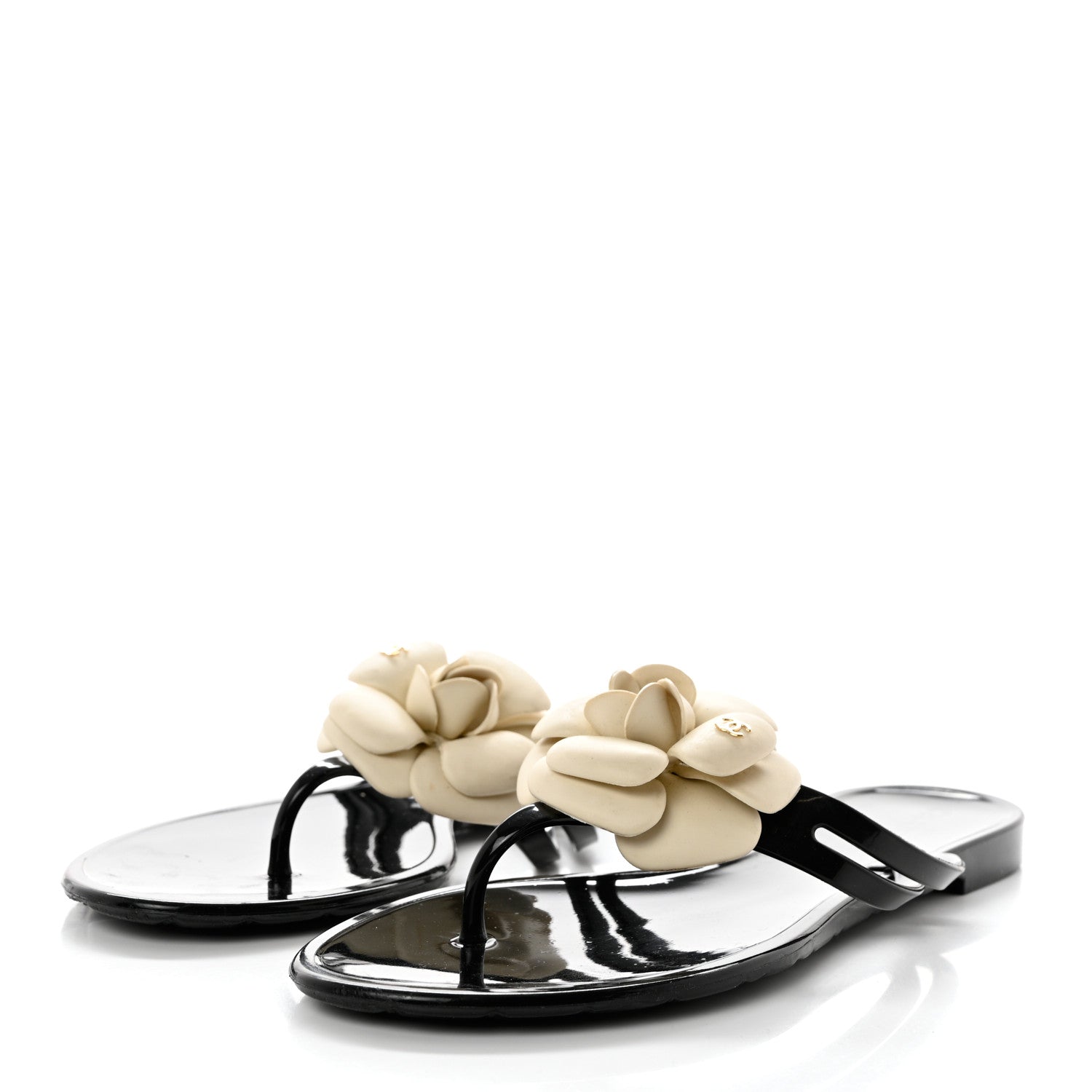 Chanel Jelly Camellia Thong Sandals 40 Black Ivory 3 of 8