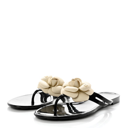 Chanel Jelly Camellia Thong Sandals 40 Black Ivory 3 of 8