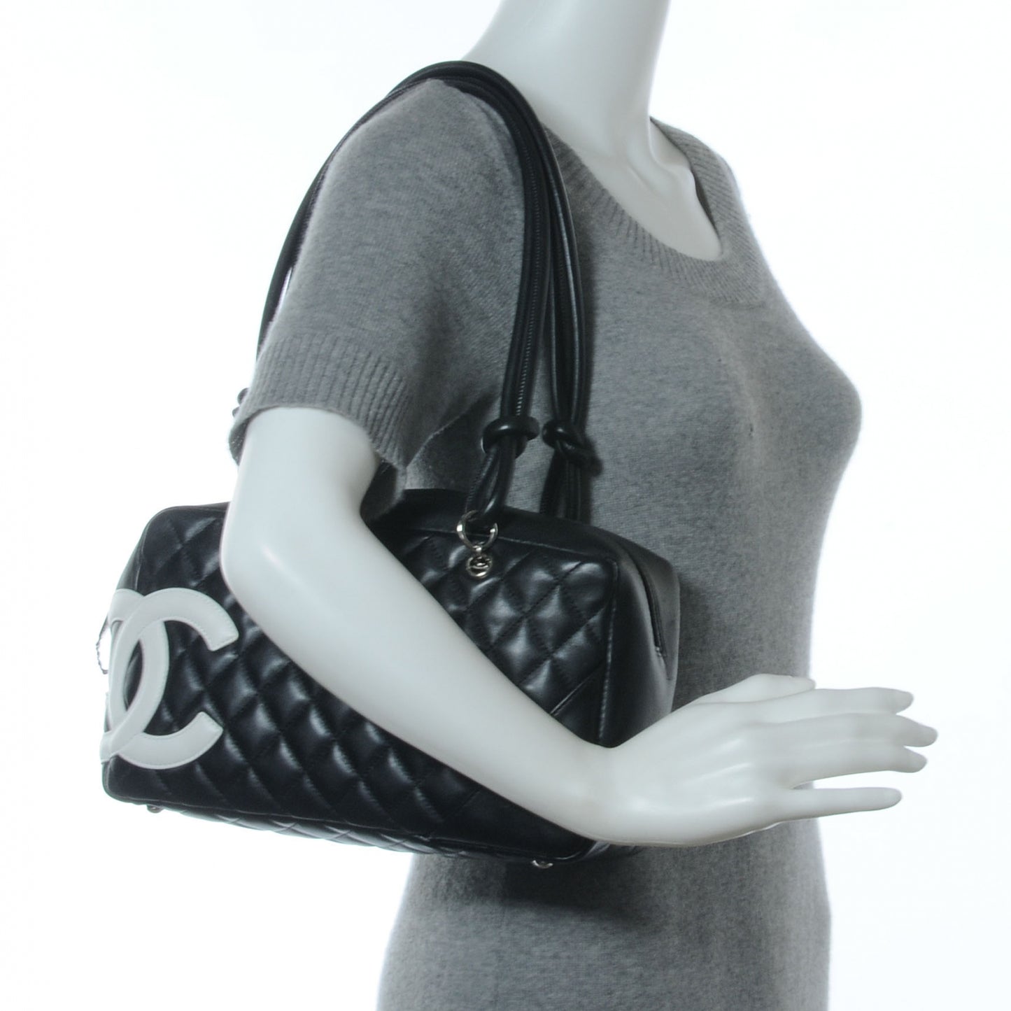 Calfskin Quilted Large Cambon Bowler Black White