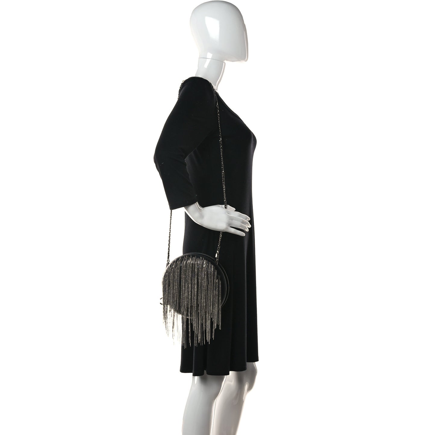 Lambskin Chain Fringe Round Clutch With Chain Black
