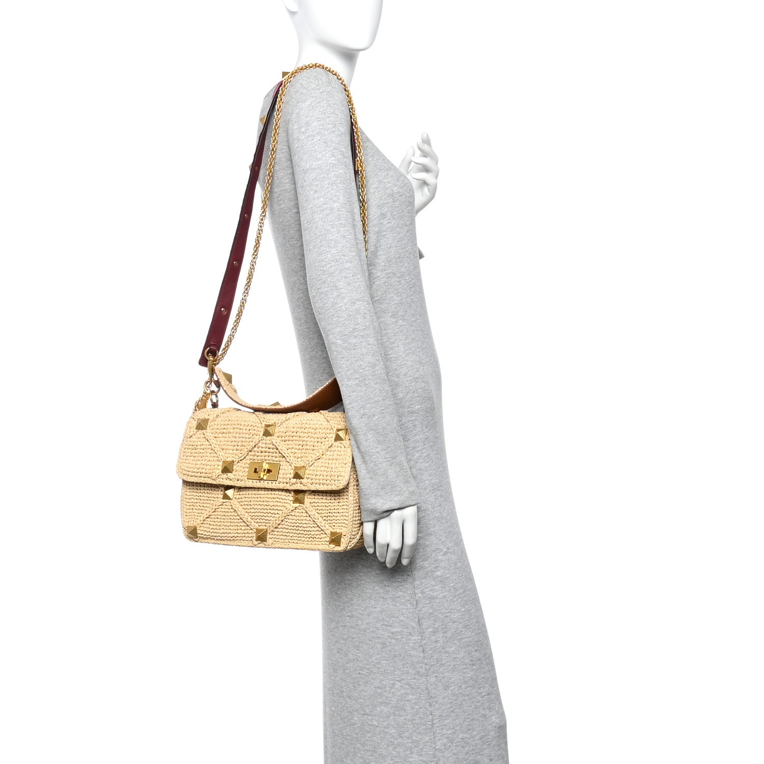 Valentino Garavani Raffia Large Roman Stud Shoulder Bag Naturale Multicolor 2 of 9