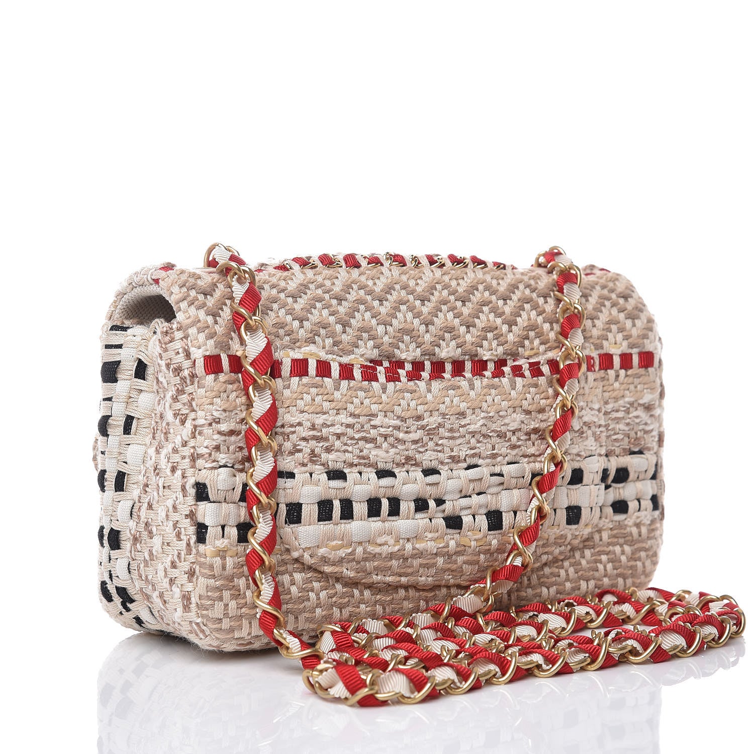 Chanel Cotton Raffia Lambskin Woven Mini Rectangular Flap Beige Red Black 3 of 8