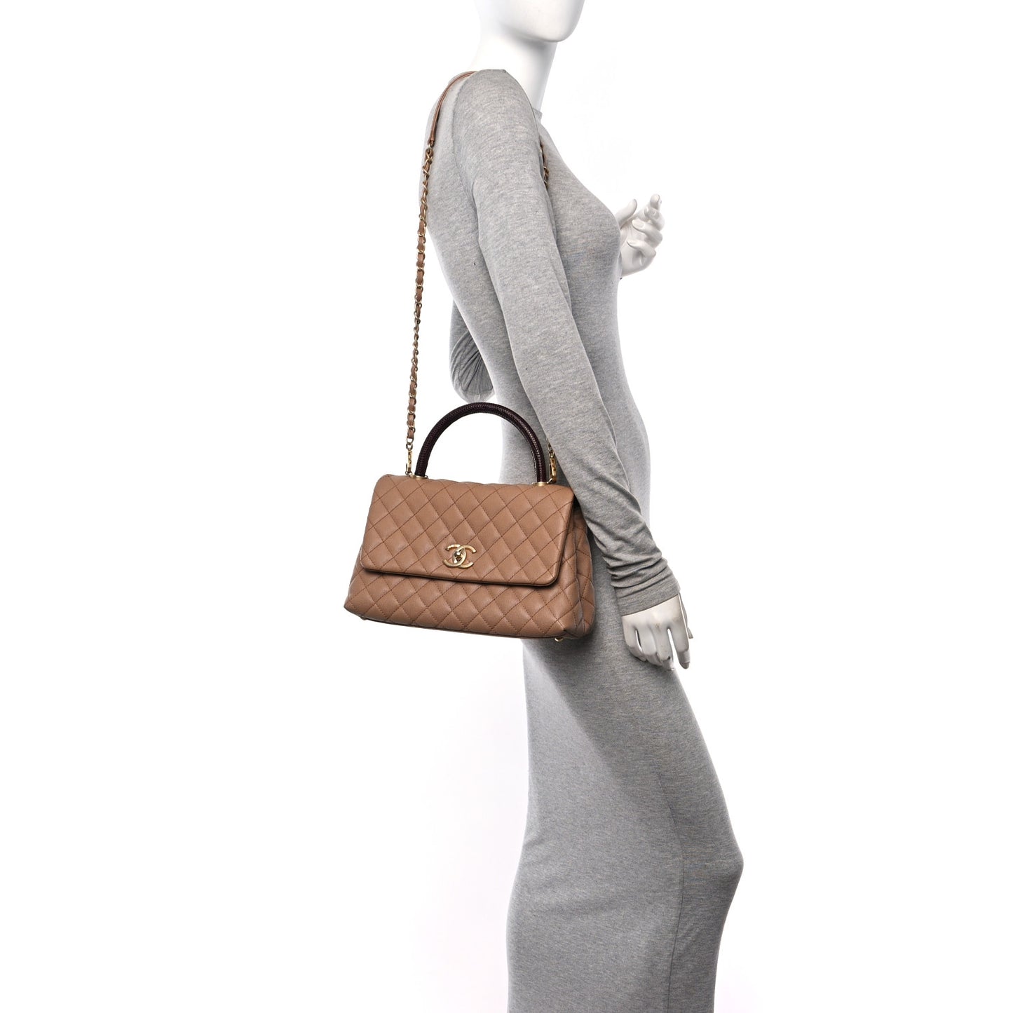 Caviar Lizard Embossed Quilted Small Coco Handle Flap Dark Beige