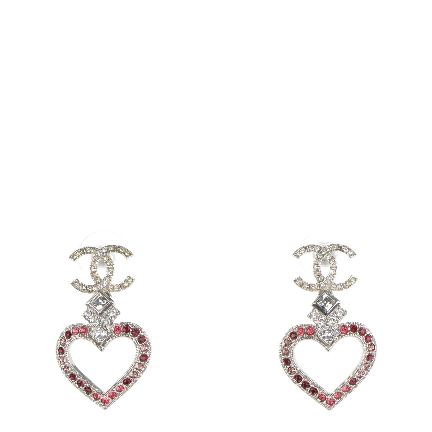 Chanel Crystal Heart CC Drop Earrings Silver 1 of 4
