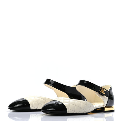 Chanel Patent Lambskin Quilted Cap Toe Ballerina Flats 37 Ivory Black 3 of 6