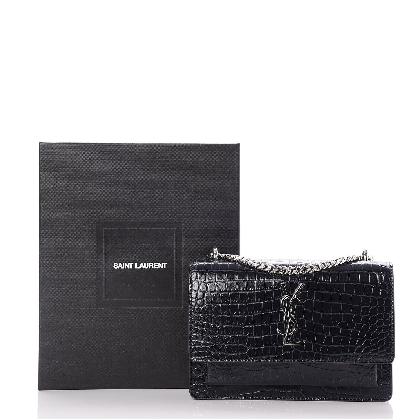 Calfskin Crocodile Embossed Monogram Sunset Chain Wallet Navy