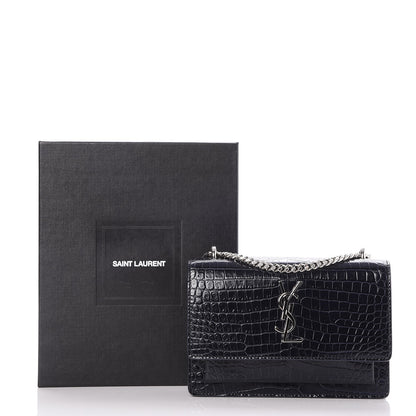 Saint Laurent Calfskin Crocodile Embossed Monogram Sunset Chain Wallet Navy 7 of 7