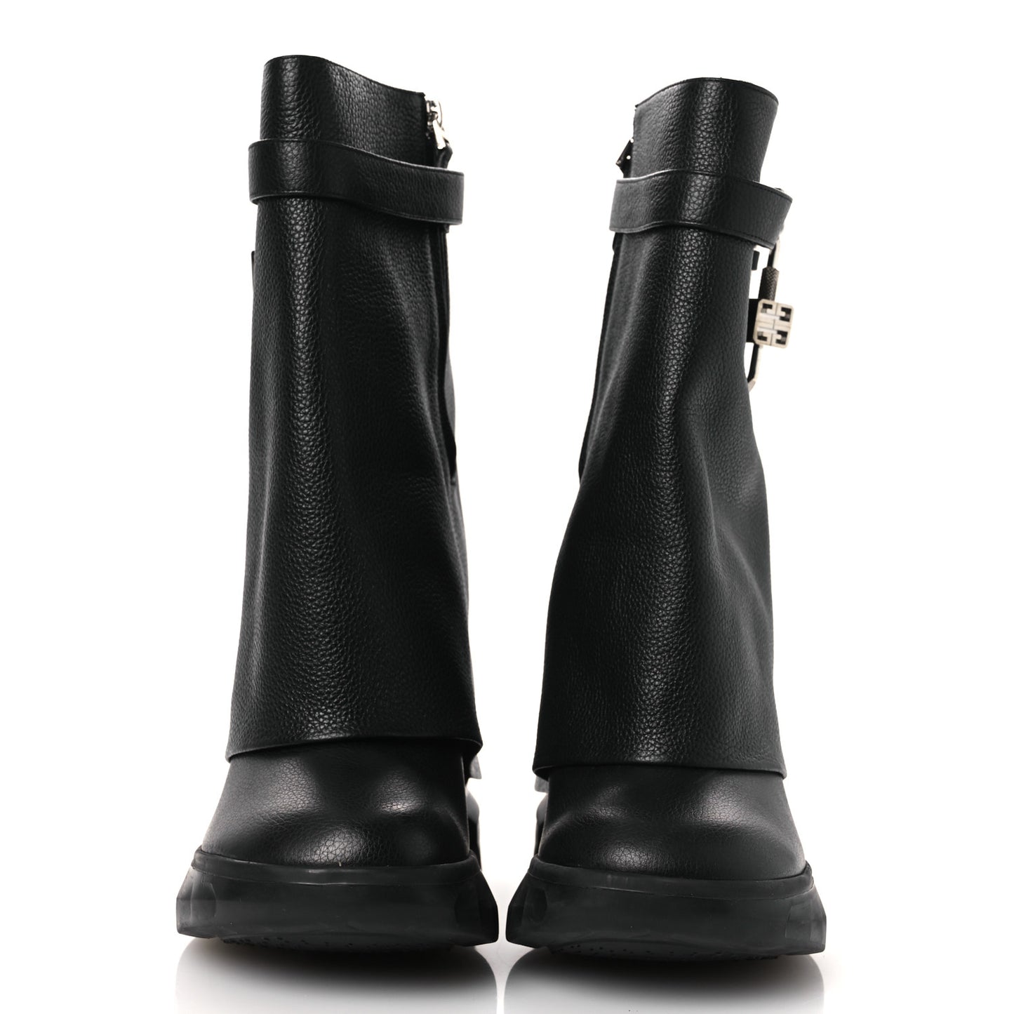 Grained Calfskin Shark Lock Biker Ankle Boots 40 Black