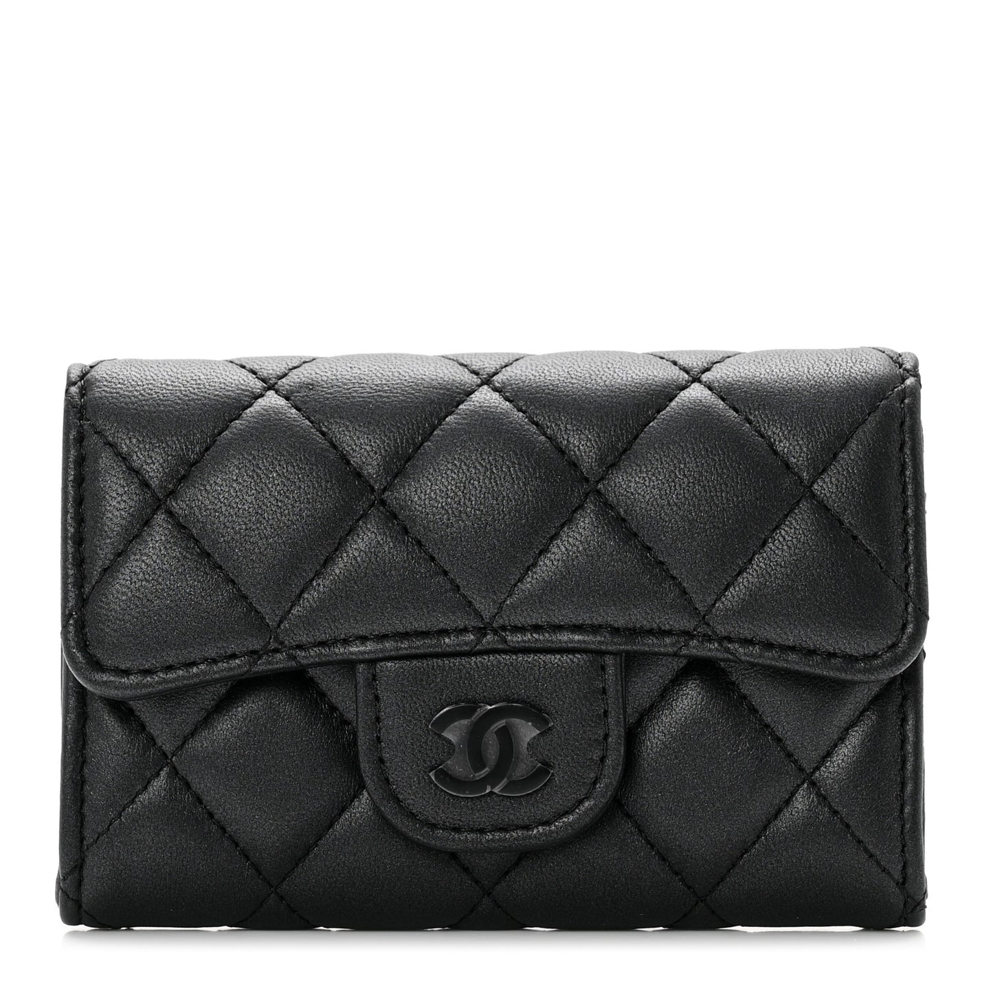 Pearly Lambskin Quilted Flap Card Holder Wallet So Black