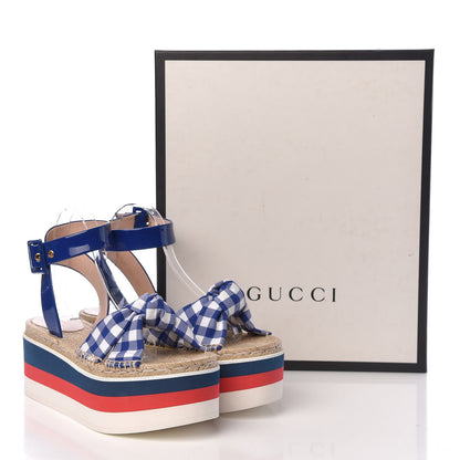 Gucci Patent Cotton Gingham Sefir Espadrille Platform Sandals 39.5 Blue White 10 of 10