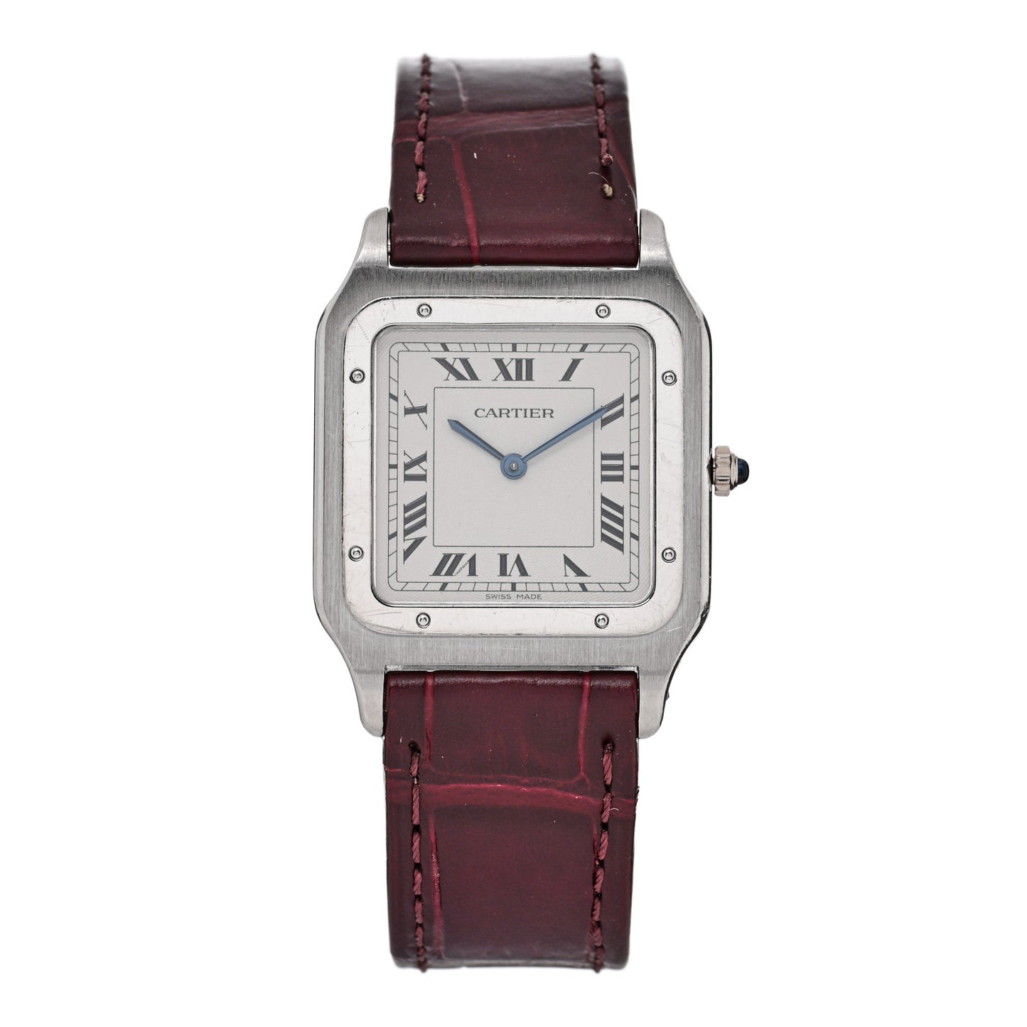 Platinum Alligator 27mm Santos Dumont Quartz Watch Burgundy
