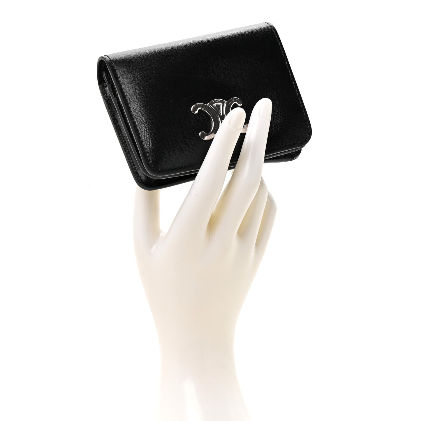 Shiny Calfskin Triomphe Compact Wallet Black