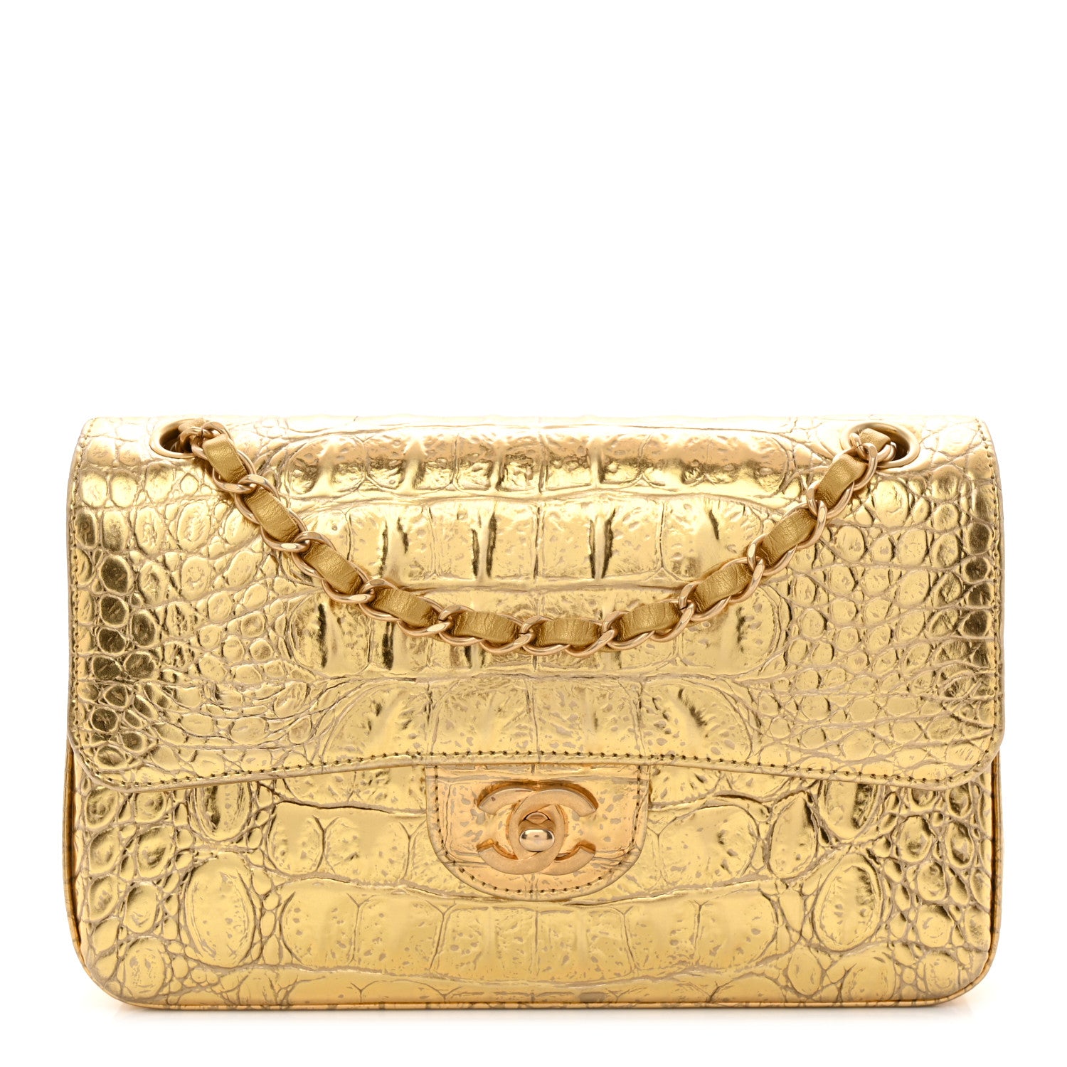 Chanel Metallic Calfskin Crocodile Embossed Cocodile Small Double