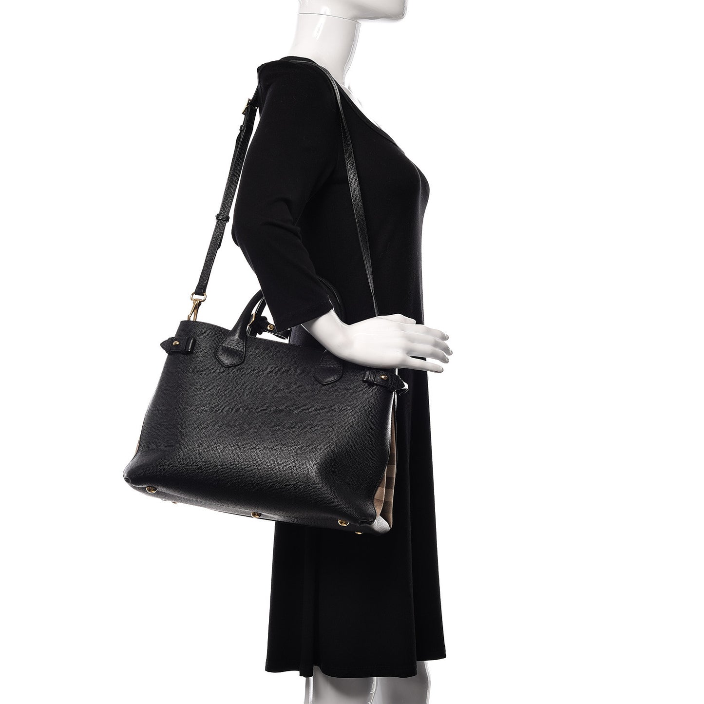Grainy Calfskin House Check Medium Banner Tote Black