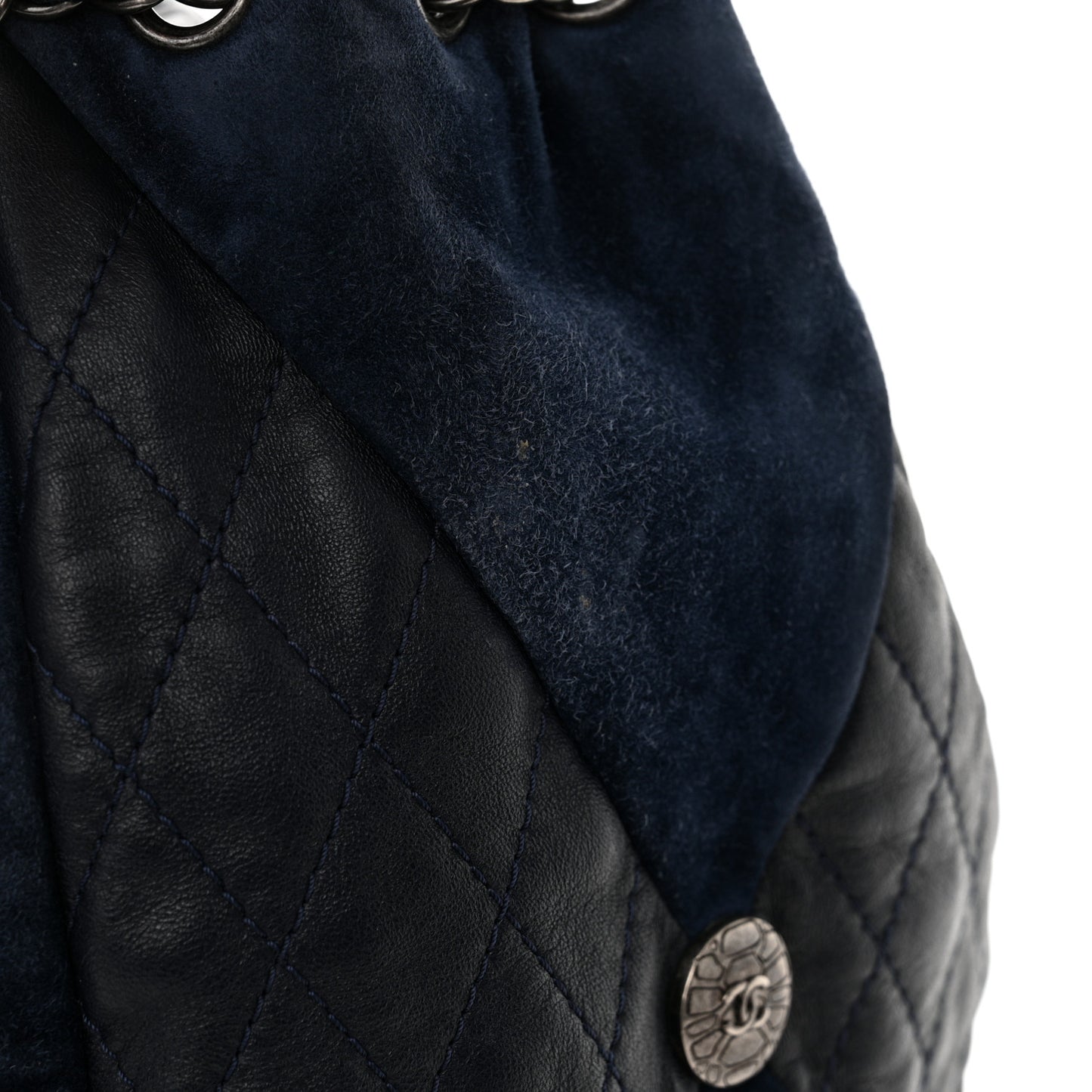 Goatskin Suede Calfskin Quilted Patchwork Drawstring Bag Blue
