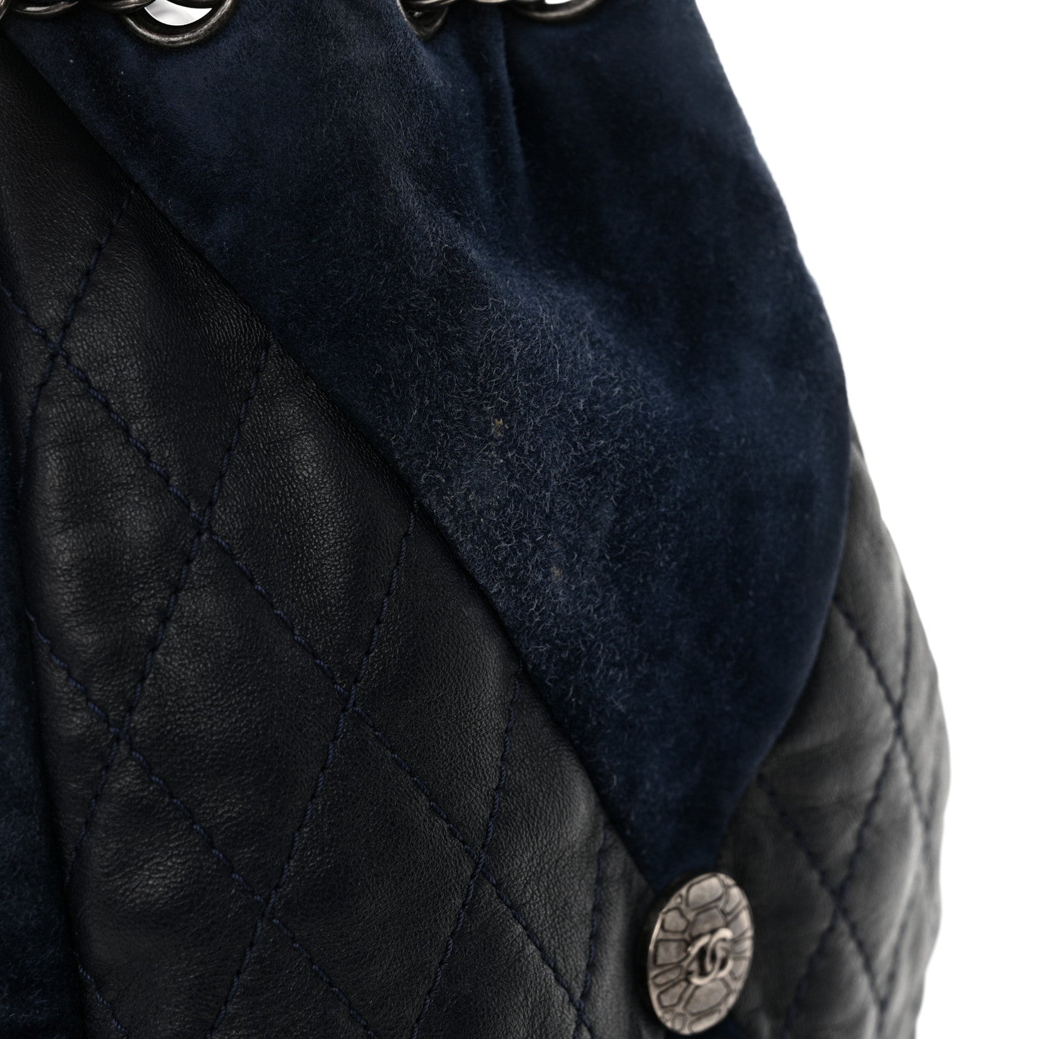 Chanel Goatskin Suede Calfskin Quilted Patchwork Drawstring Bag Blue 15 of 16