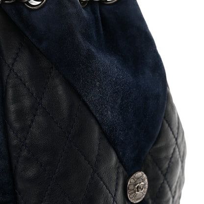 Chanel Goatskin Suede Calfskin Quilted Patchwork Drawstring Bag Blue 15 of 16