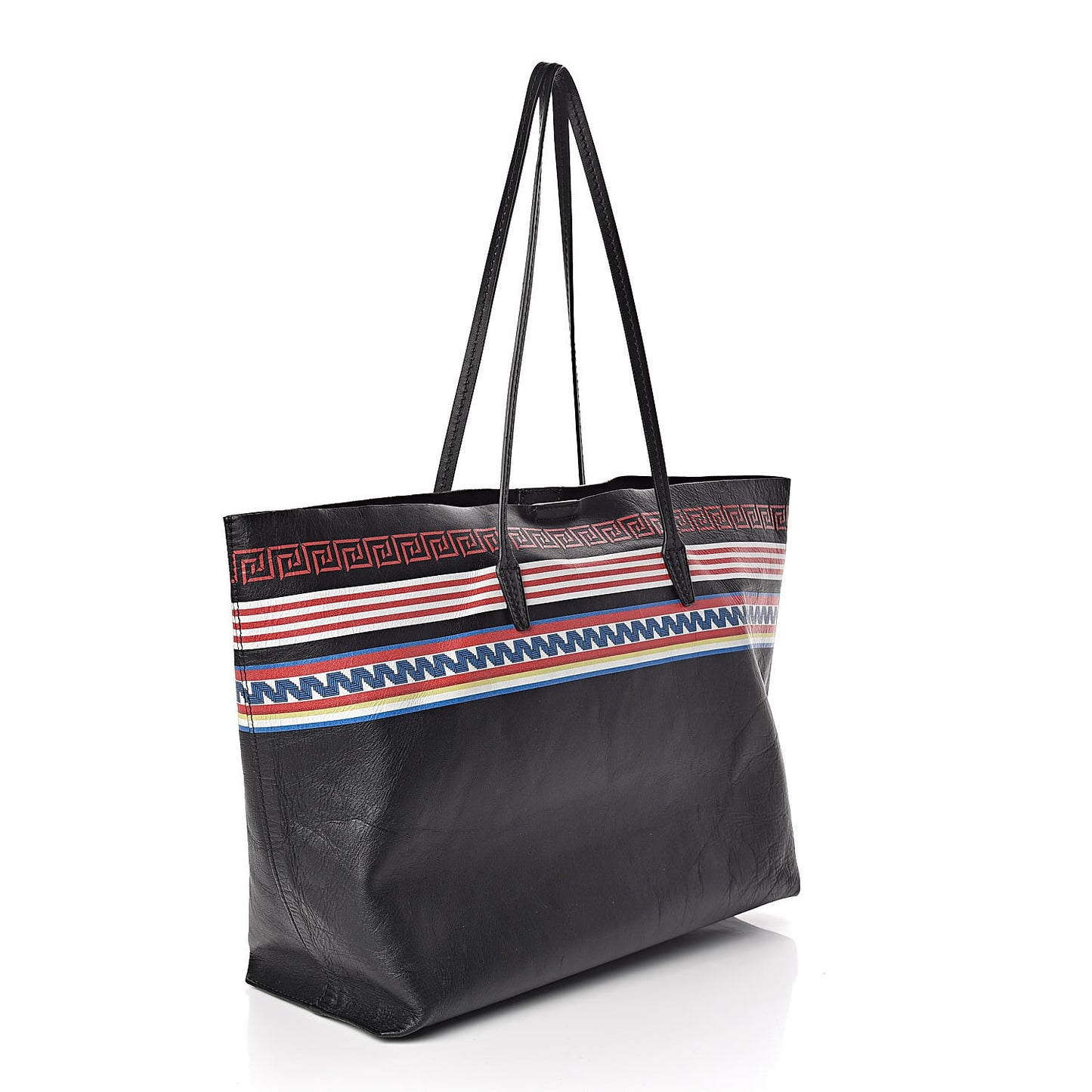 Calfskin Stripe Greek City Key Tote Black