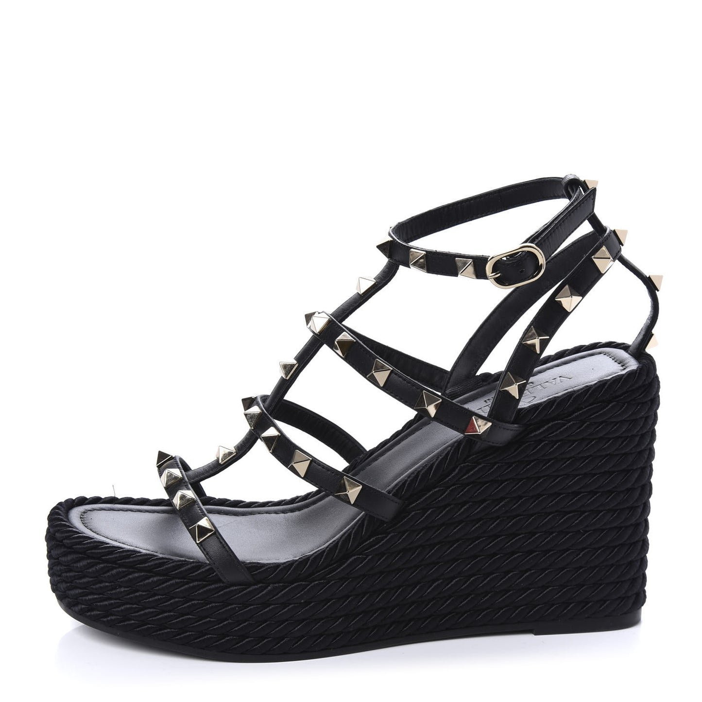Calfskin Rockstud Ankle Strap Torchon Espadrille Caged 25/95mm Wedge Sandals 37 Black
