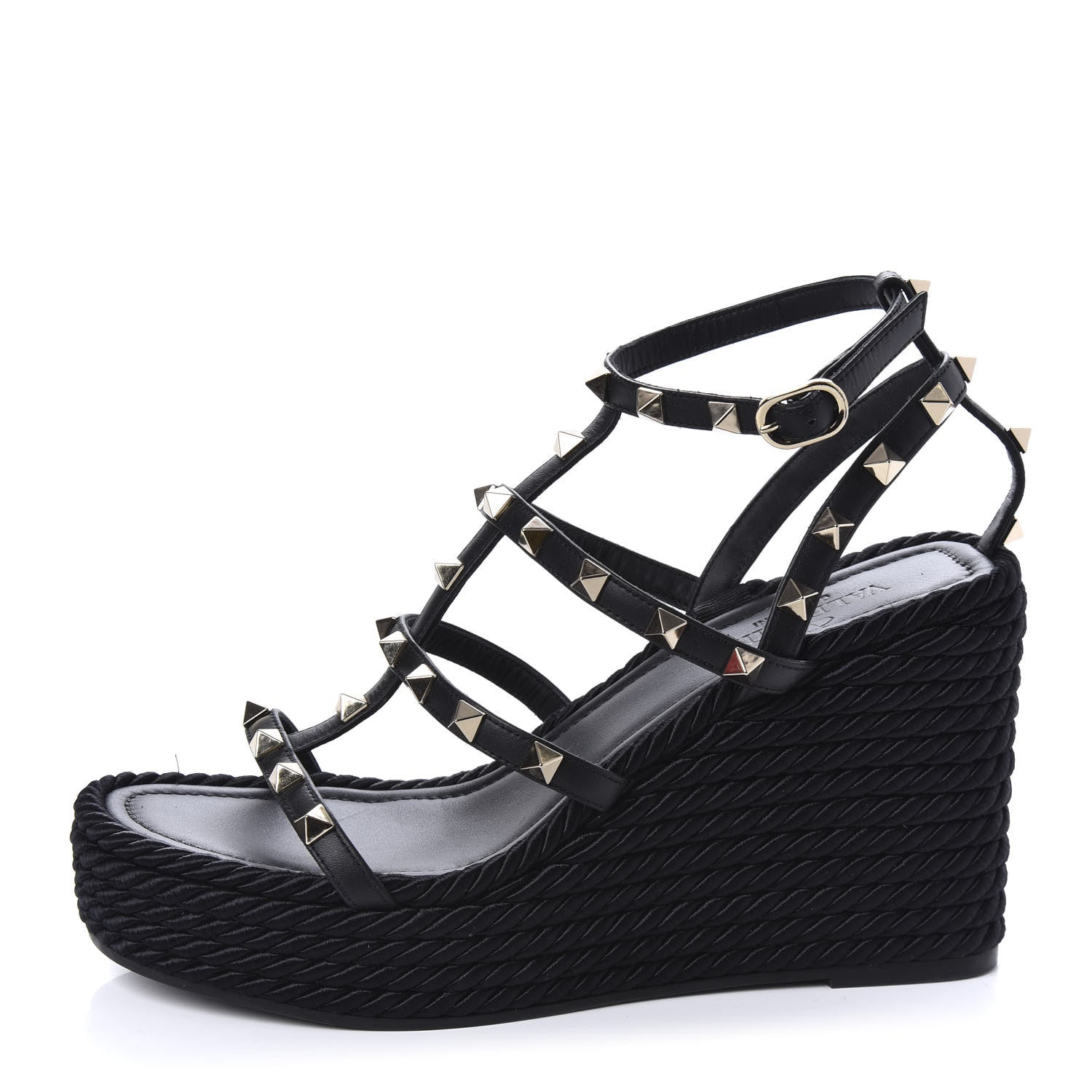 Valentino Garavani Calfskin Rockstud Ankle Strap Torchon Espadrille Caged 25/95mm Wedge Sandals 37 Black 1 of 10