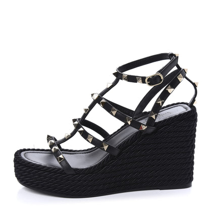 Valentino Garavani Calfskin Rockstud Ankle Strap Torchon Espadrille Caged 25/95mm Wedge Sandals 37 Black 1 of 10