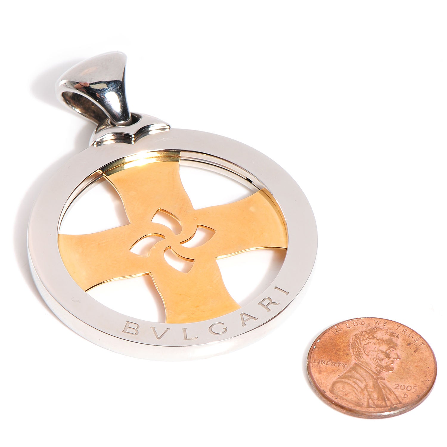 Bulgari Stainless Steel 18K Yellow Gold Tondo Cross Pendant 2 of 4