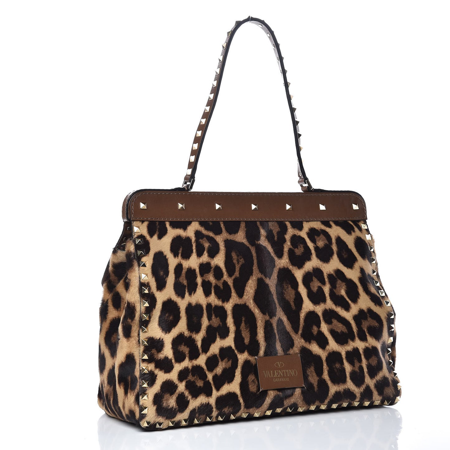 Calf Hair Leopard Print Large Rockstud Frame Handle Bag