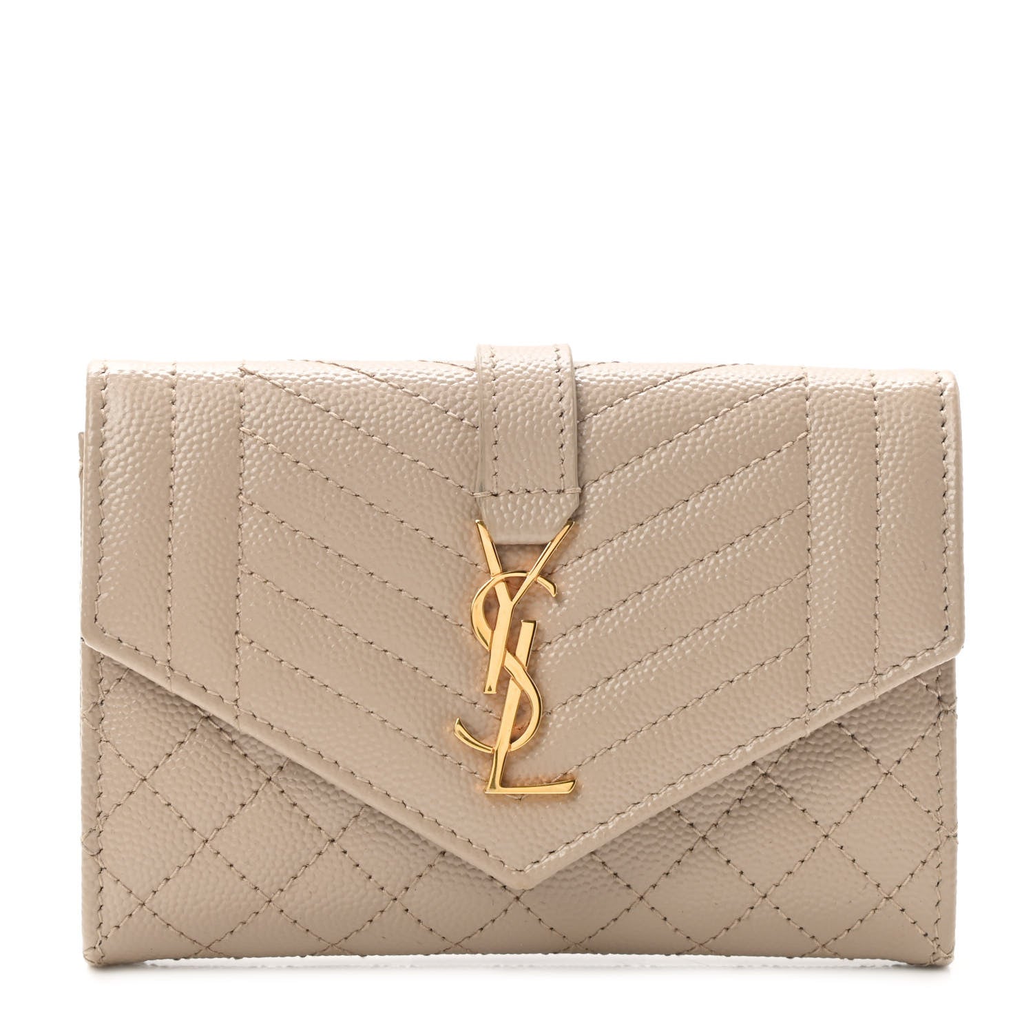 Saint Laurent Grain De Poudre Textured Mixed Matelasse Triquilt Small Monogram Envelope Wallet Dark Beige 1 of 8
