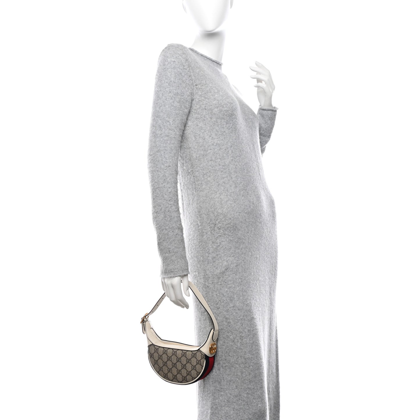 GG Supreme Monogram Textured Dollar Calfskin Web Mini Ophidia Half Moon Hobo Beige Ebony Mystic White