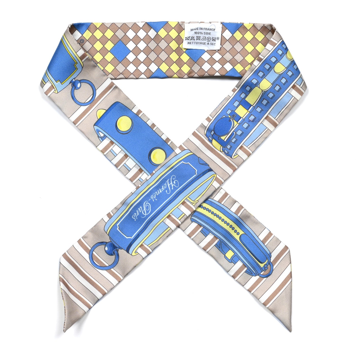 Hermes Silk Colliers De Chiens Remix Twilly Mastic Bleu Jaune 1 of 4