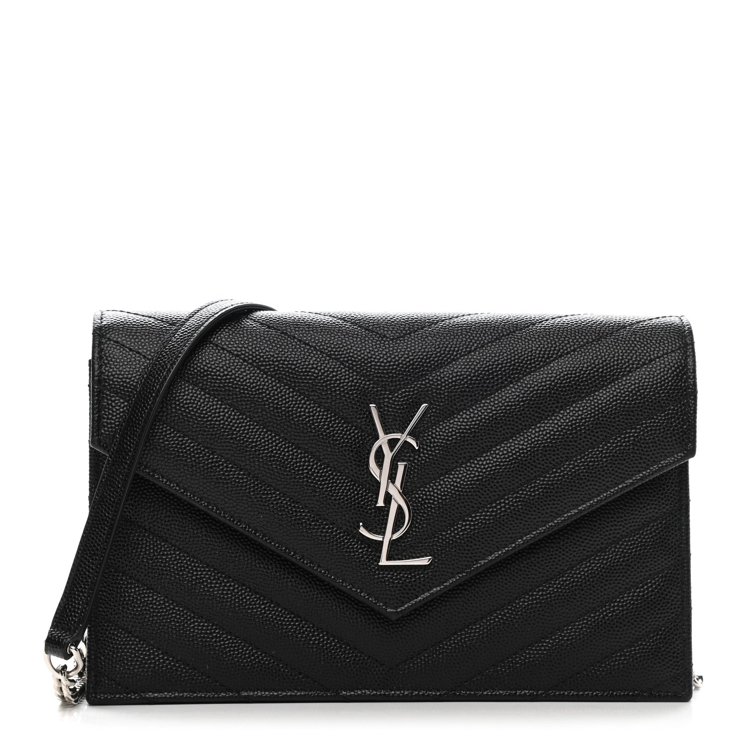 Saint Laurent Grain De Poudre Matelasse Chevron Monogram Envelope Chain Wallet Black 1 of 10